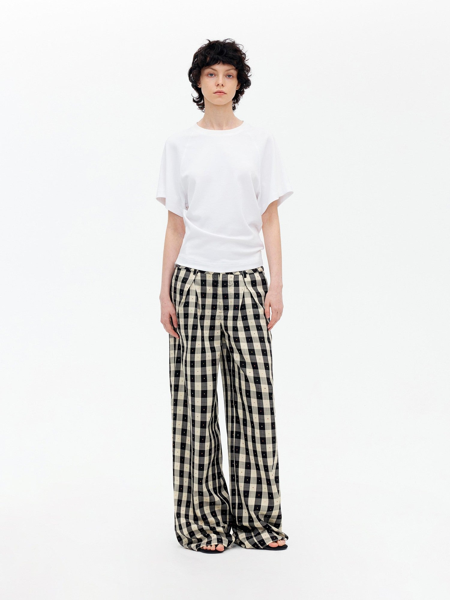 AFTADAWN Black White Plaid Embroidered Waist Pleat Women&