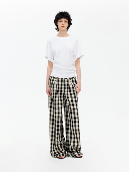 AFTADAWN Black White Plaid Embroidered Waist Pleat Women&