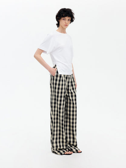 AFTADAWN Black White Plaid Embroidered Waist Pleat Women&