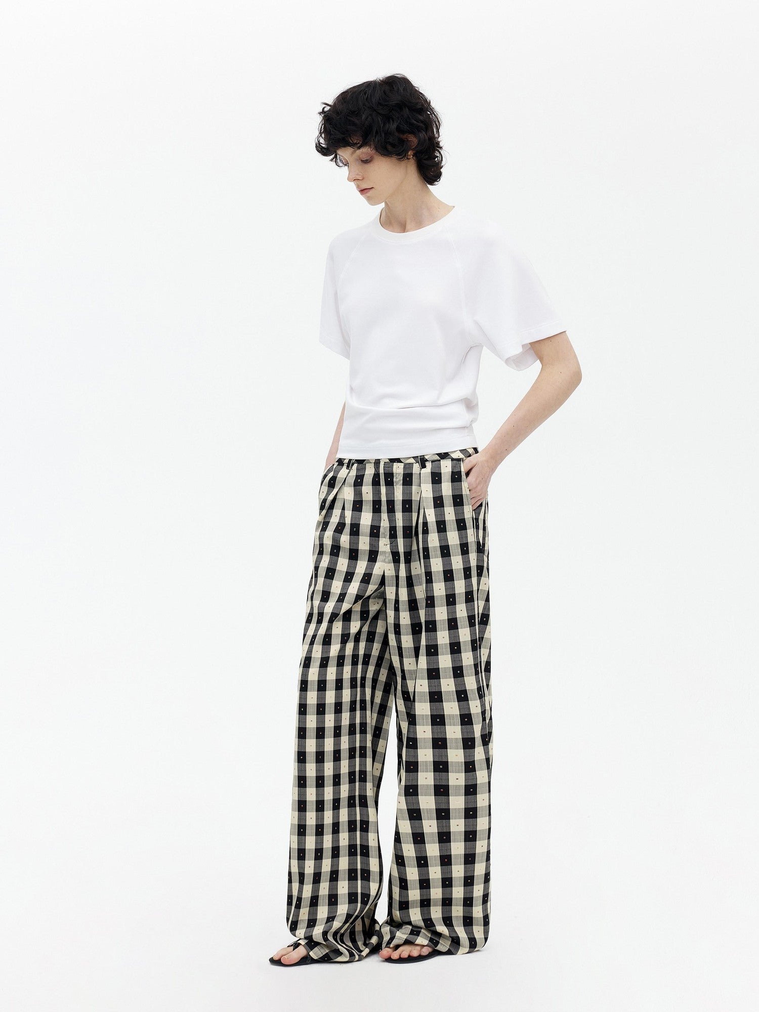 AFTADAWN Black White Plaid Embroidered Waist Pleat Women&