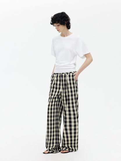 AFTADAWN Black White Plaid Embroidered Waist Pleat Women&