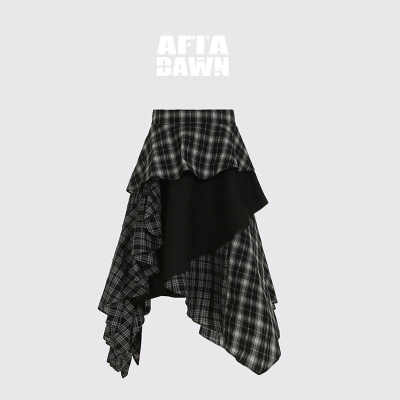 AFTADAWN_Black_White_Plaid_Patchwork_Irregular_A_Line_Women&