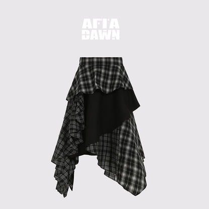 AFTADAWN_Black_White_Plaid_Patchwork_Irregular_A_Line_Women&