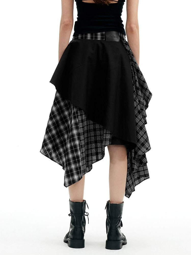 AFTADAWN Black White Plaid Patchwork Irregular A Line Women&