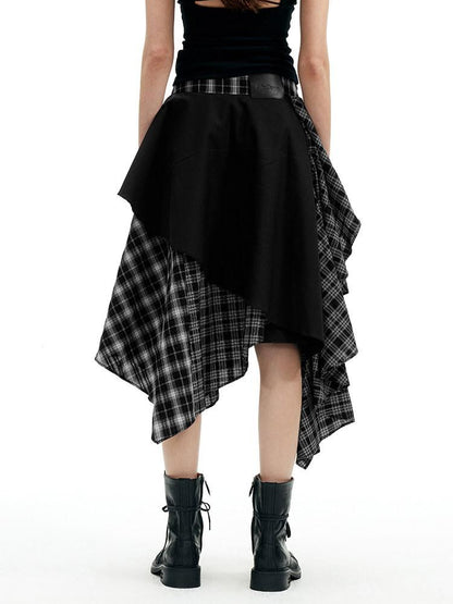 AFTADAWN Black White Plaid Patchwork Irregular A Line Women&