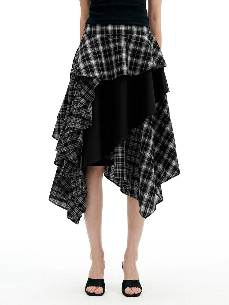 AFTADAWN Black White Plaid Patchwork Irregular A Line Women&