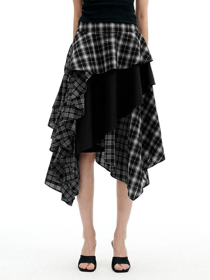 AFTADAWN Black White Plaid Patchwork Irregular A Line Women&
