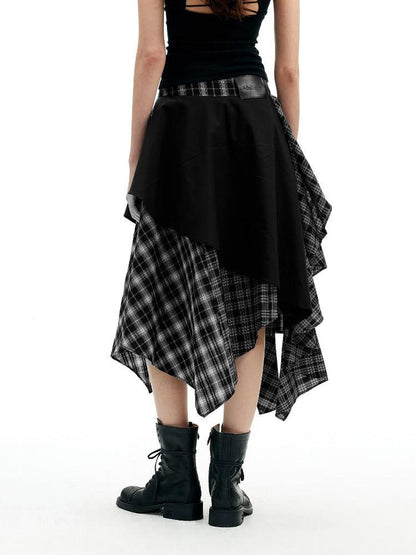 AFTADAWN Black White Plaid Patchwork Irregular A Line Women&