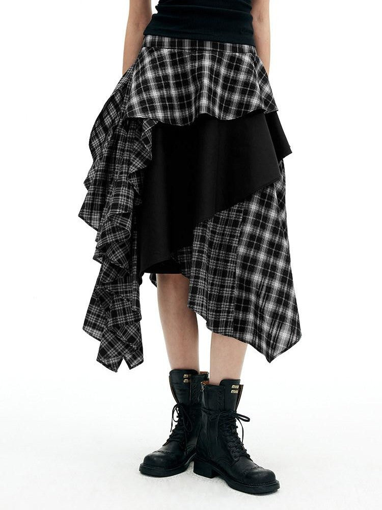 AFTADAWN Black White Plaid Patchwork Irregular A Line Women&