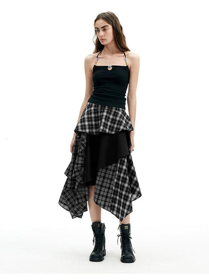AFTADAWN Black White Plaid Patchwork Irregular A Line Women&
