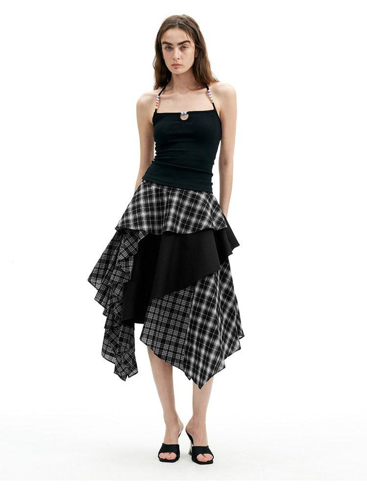 AFTADAWN Black White Plaid Patchwork Irregular A Line Women&