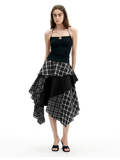 AFTADAWN Black White Plaid Patchwork Irregular A Line Women&