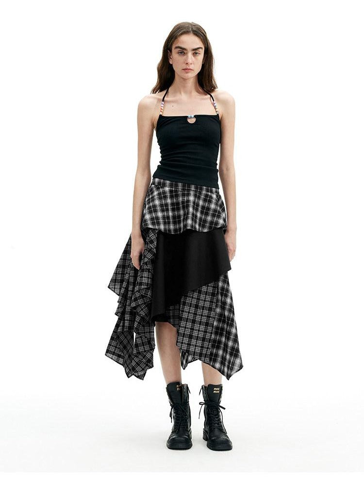 AFTADAWN Black White Plaid Patchwork Irregular A Line Women&