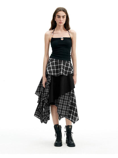 AFTADAWN Black White Plaid Patchwork Irregular A Line Women&