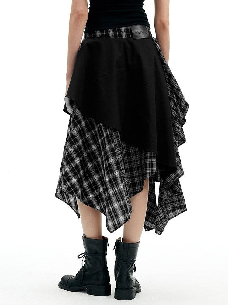 AFTADAWN Black White Plaid Patchwork Irregular A Line Women&
