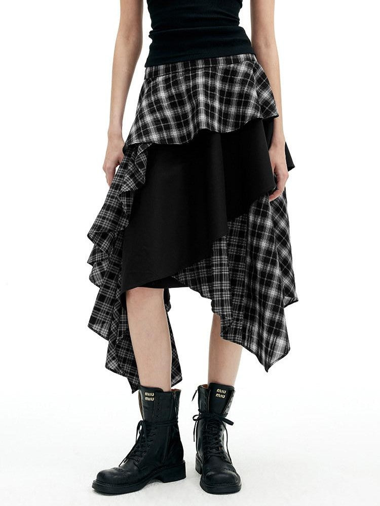 AFTADAWN Black White Plaid Patchwork Irregular A Line Women&