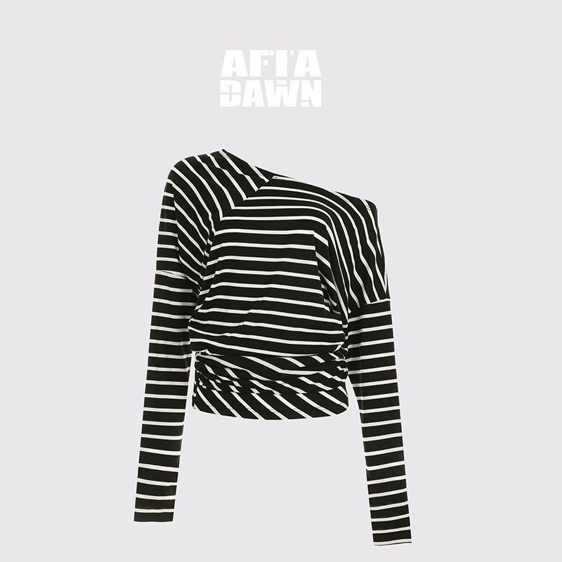 AFTADAWN_Black_White_Striped_Asymmetric_Slant_Neck_Women&