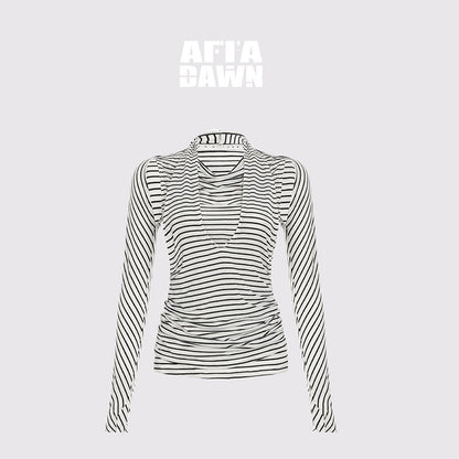 AFTADAWN_Black_White_Striped_Pleated_Tie_Cowl_Neck_Women&