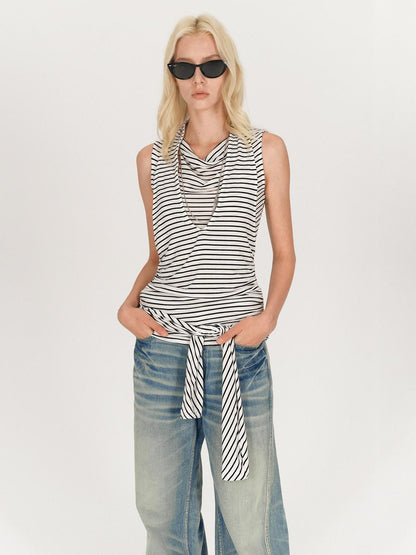 AFTADAWN Black White Striped Pleated Tie Cowl Neck Women&