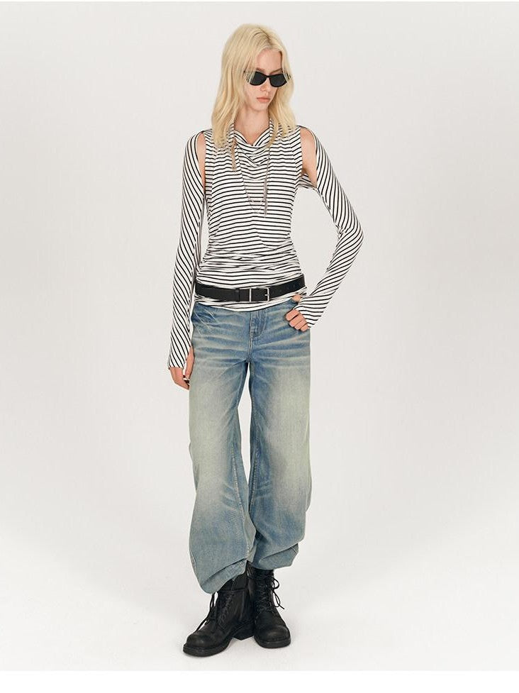 AFTADAWN Black White Striped Pleated Tie Cowl Neck Women&