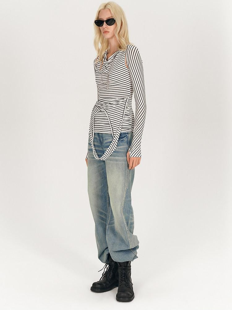 AFTADAWN Black White Striped Pleated Tie Cowl Neck Women&