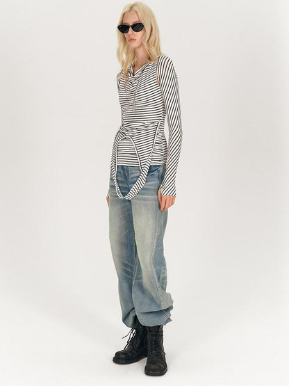 AFTADAWN Black White Striped Pleated Tie Cowl Neck Women&
