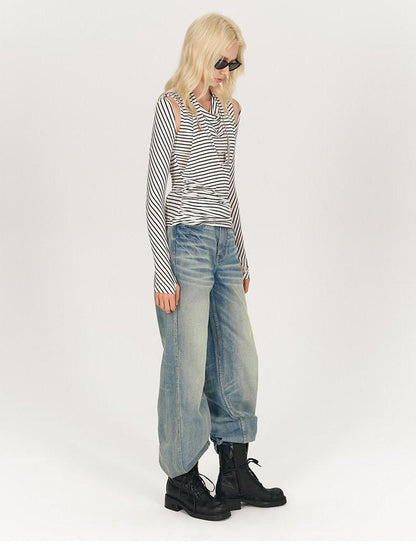 AFTADAWN Black White Striped Pleated Tie Cowl Neck Women&