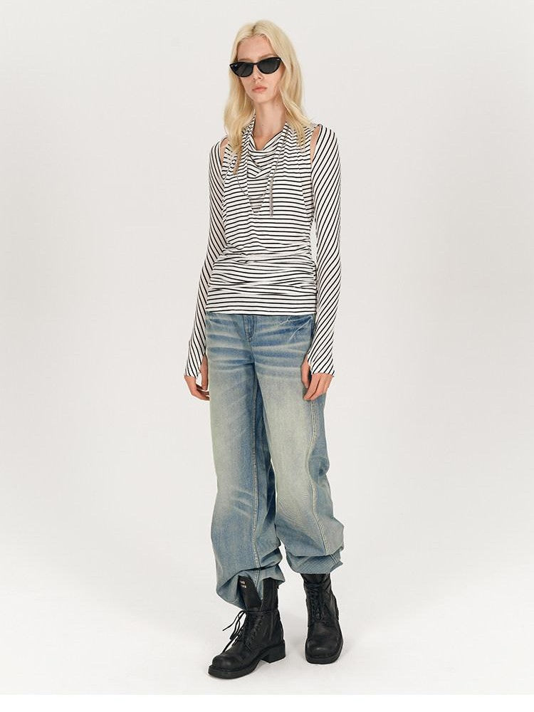 AFTADAWN Black White Striped Pleated Tie Cowl Neck Women&