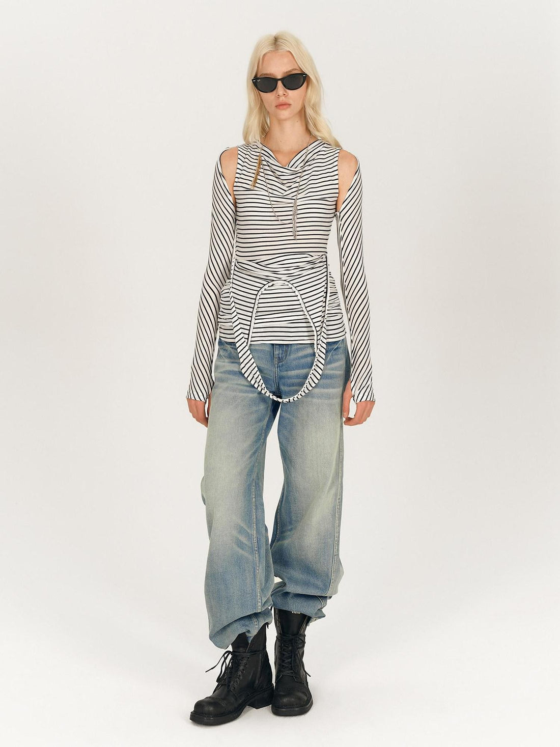 AFTADAWN Black White Striped Pleated Tie Cowl Neck Women&