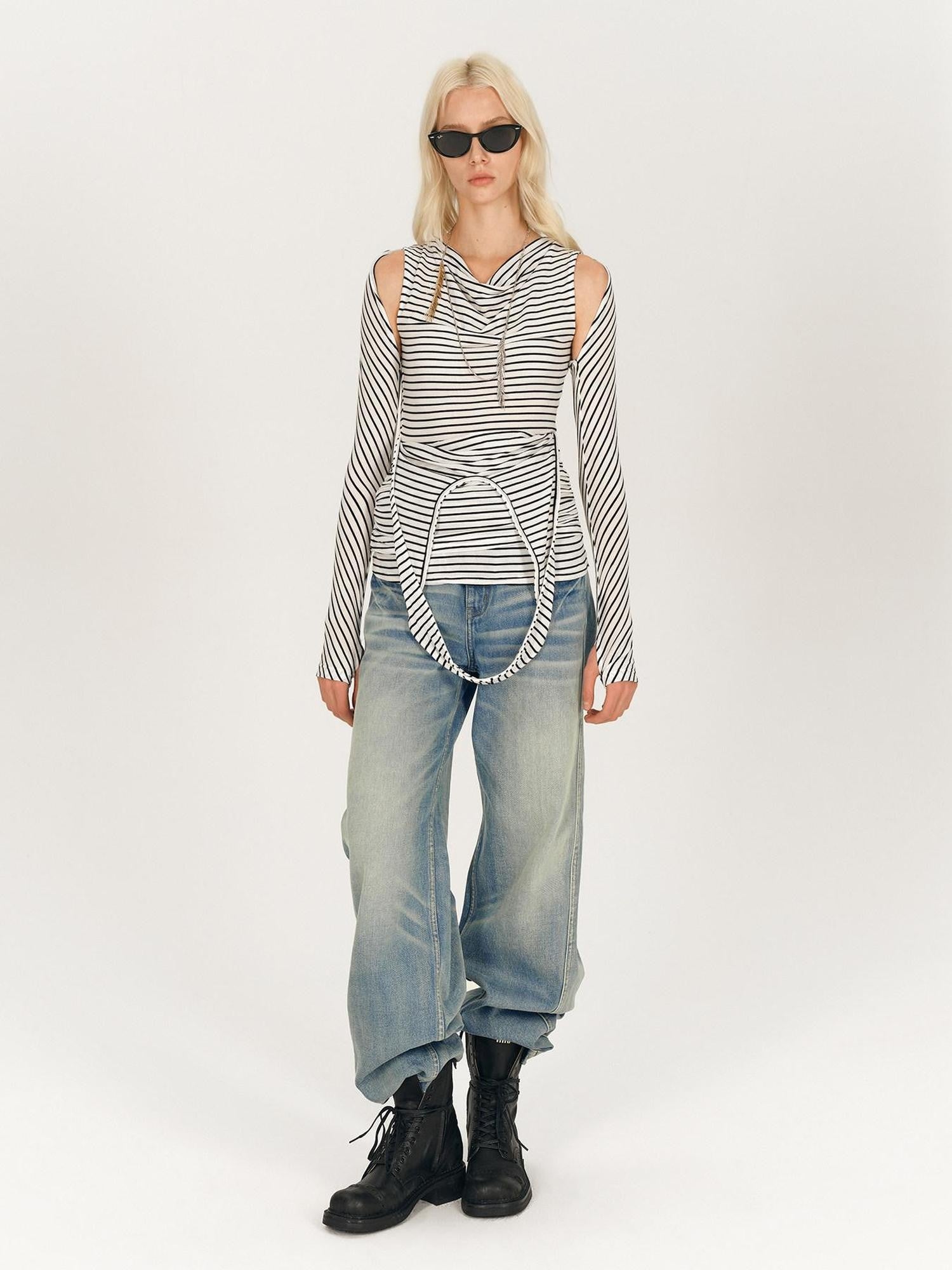 AFTADAWN Black White Striped Pleated Tie Cowl Neck Women&