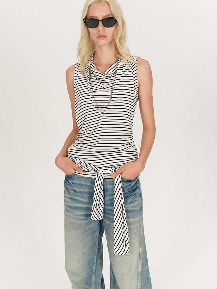 AFTADAWN Black White Striped Pleated Tie Cowl Neck Women&