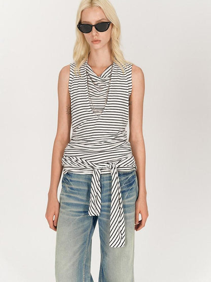 AFTADAWN Black White Striped Pleated Tie Cowl Neck Women&