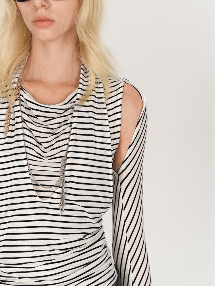 AFTADAWN Black White Striped Pleated Tie Cowl Neck Women&