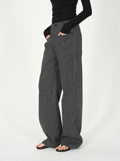 AFTADAWN Black White Vertical Stripe Pocket Low Waist Women&