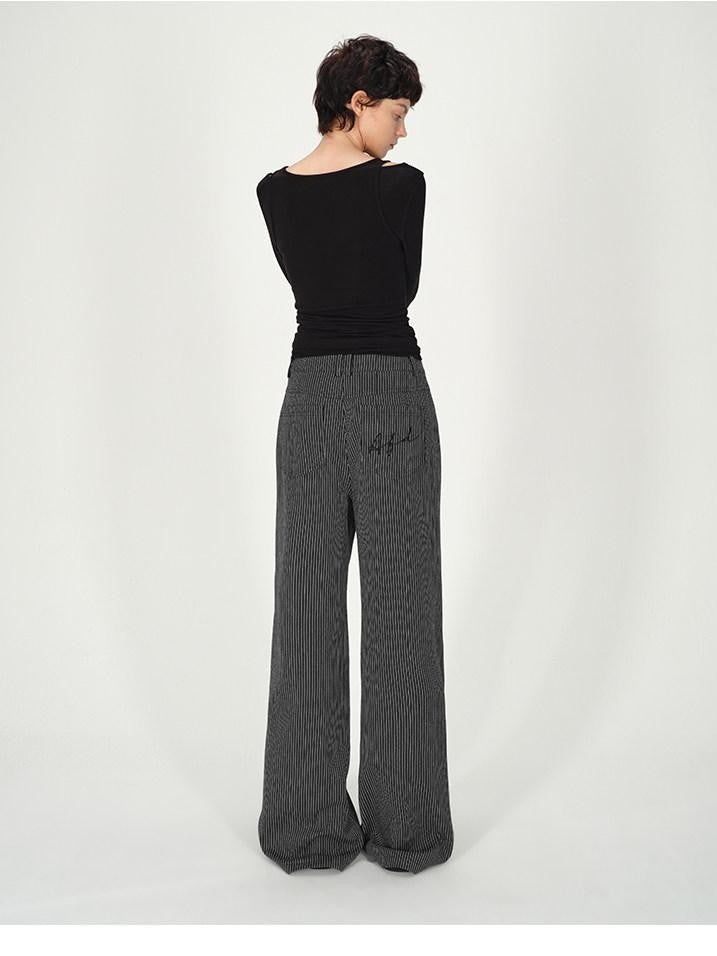 AFTADAWN Black White Vertical Stripe Pocket Low Waist Women&