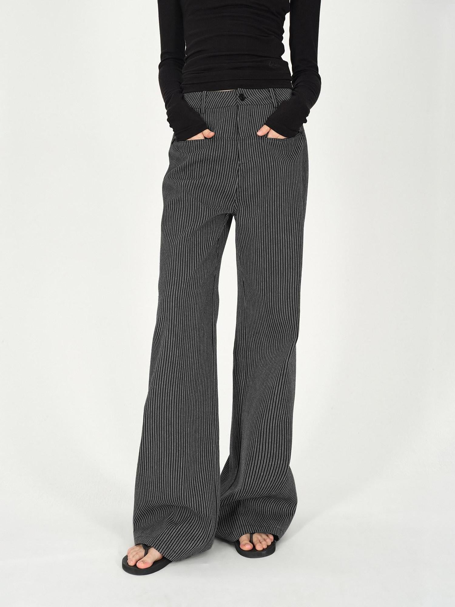 AFTADAWN Black White Vertical Stripe Pocket Low Waist Women&