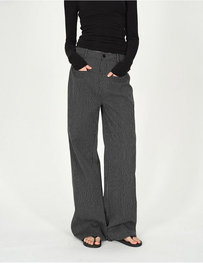 AFTADAWN Black White Vertical Stripe Pocket Low Waist Women&