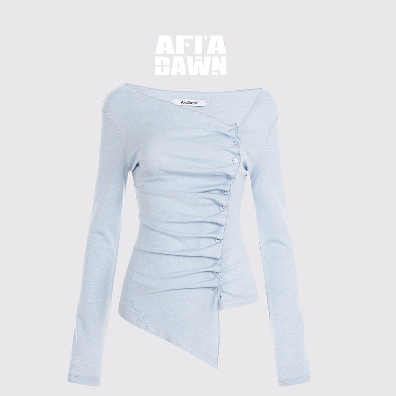 AFTADAWN_Blue_Asymmetric_Pleated_Side_Button_Women&