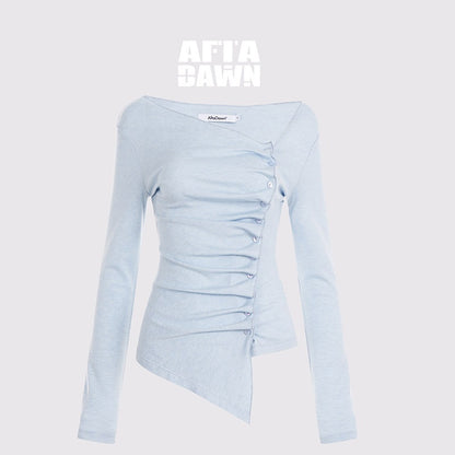 AFTADAWN_Blue_Asymmetric_Pleated_Side_Button_Women&