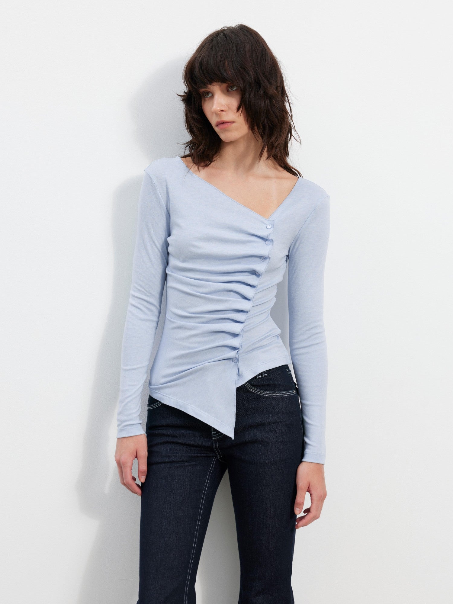 AFTADAWN Blue Asymmetric Pleated Side Button Women&