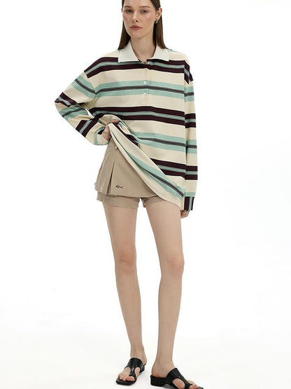 AFTADAWN Blue Brown Stripe Oversized Polo T-shirt