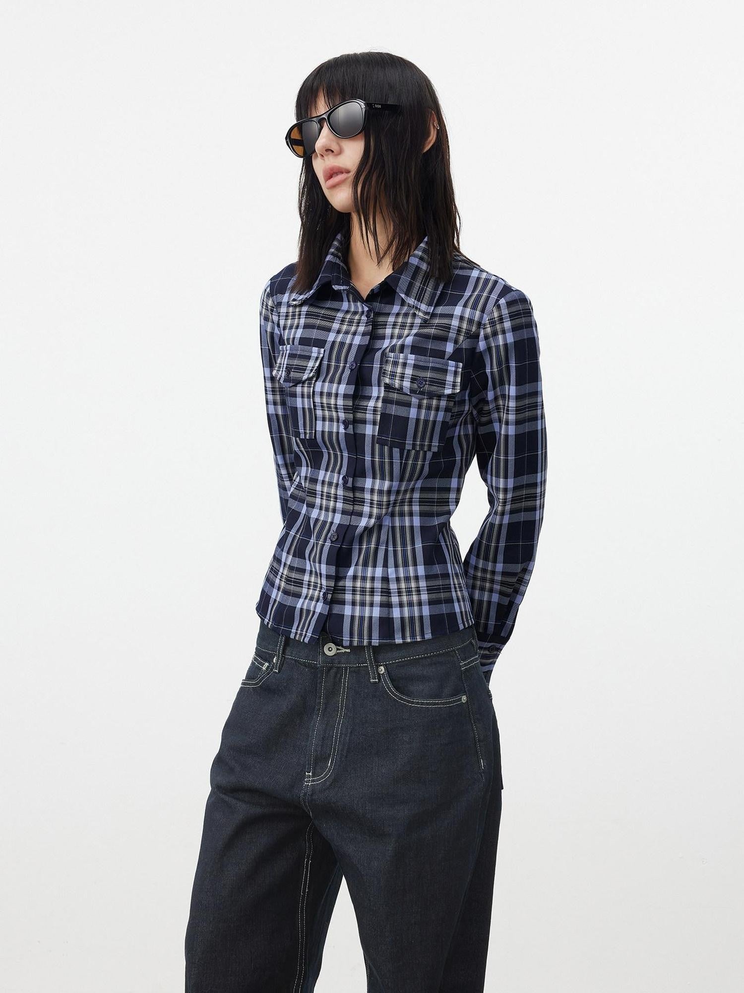 AFTADAWN Blue Contrast Check Shaped Pocket Waist Cinched Women&