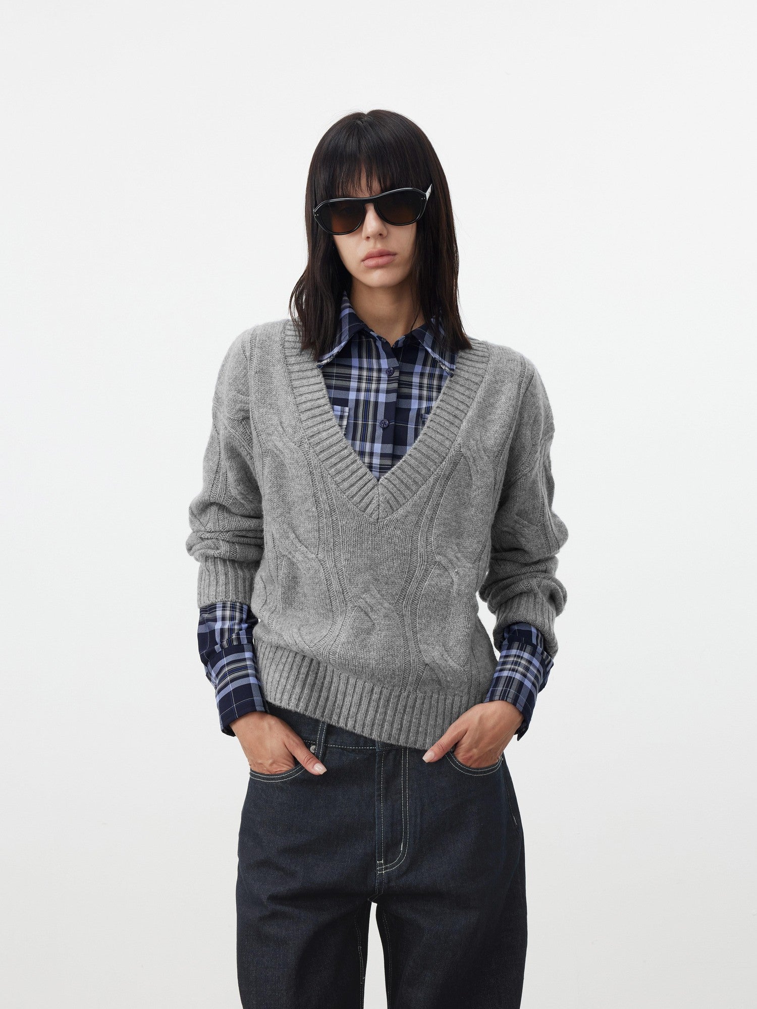 AFTADAWN Blue Contrast Check Shaped Pocket Waist Cinched Women&