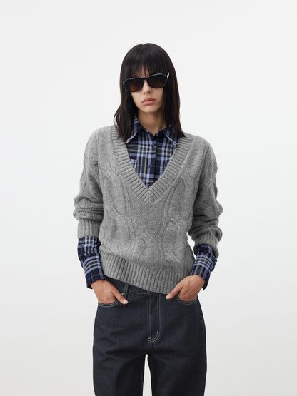 AFTADAWN Blue Contrast Check Shaped Pocket Waist Cinched Women&