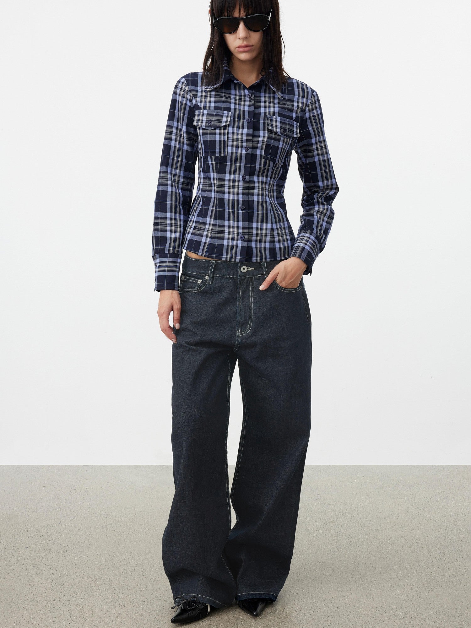 AFTADAWN Blue Contrast Check Shaped Pocket Waist Cinched Women&