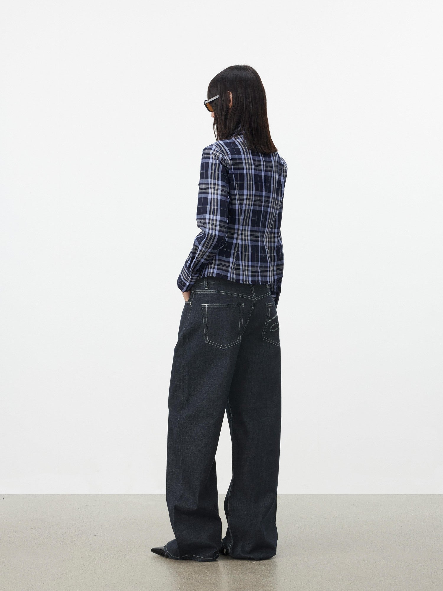 AFTADAWN Blue Contrast Check Shaped Pocket Waist Cinched Women&