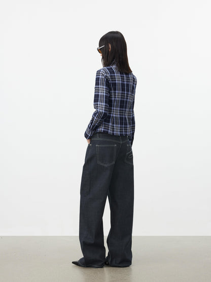 AFTADAWN Blue Contrast Check Shaped Pocket Waist Cinched Women&