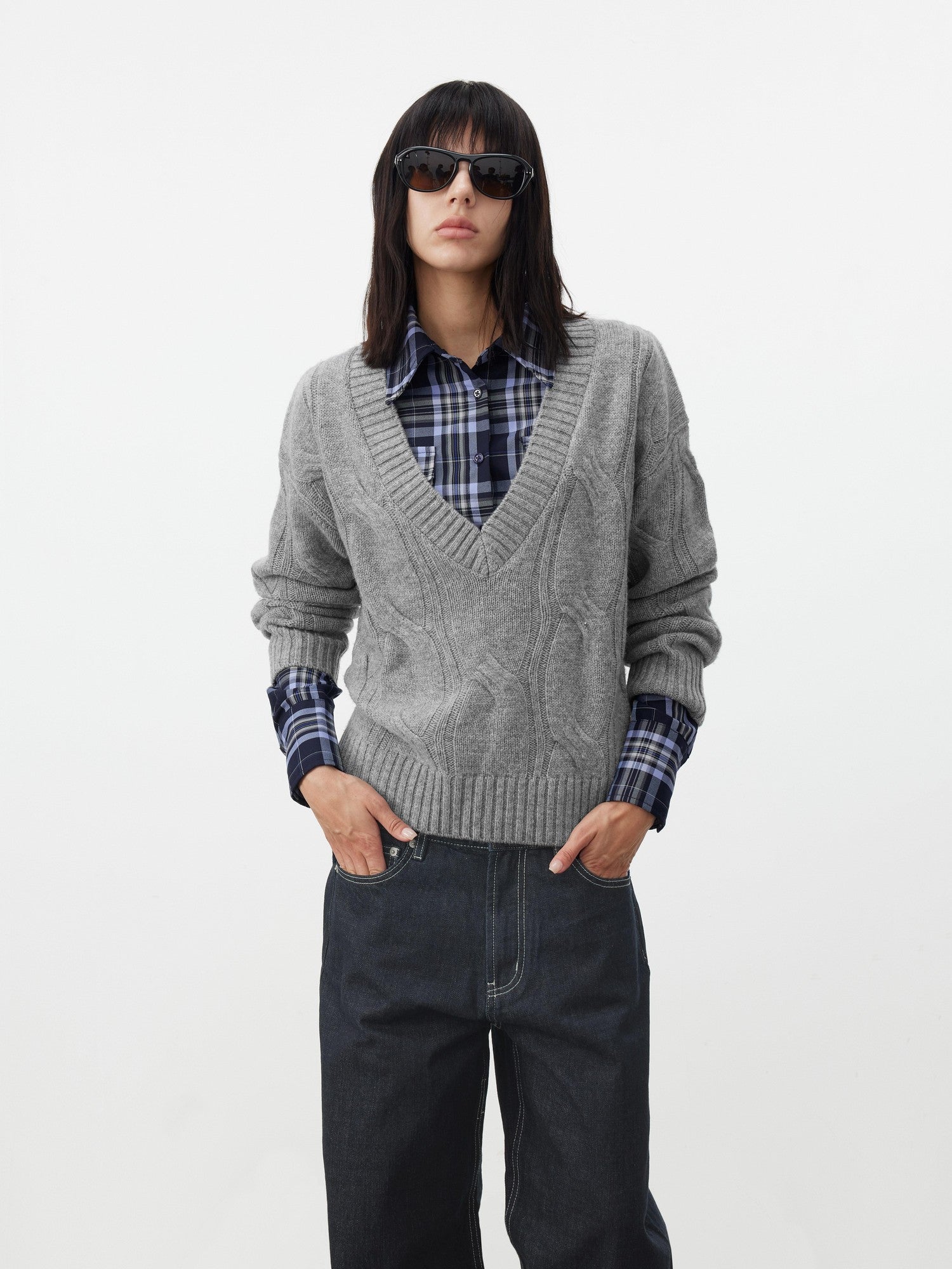 AFTADAWN Blue Contrast Check Shaped Pocket Waist Cinched Women&