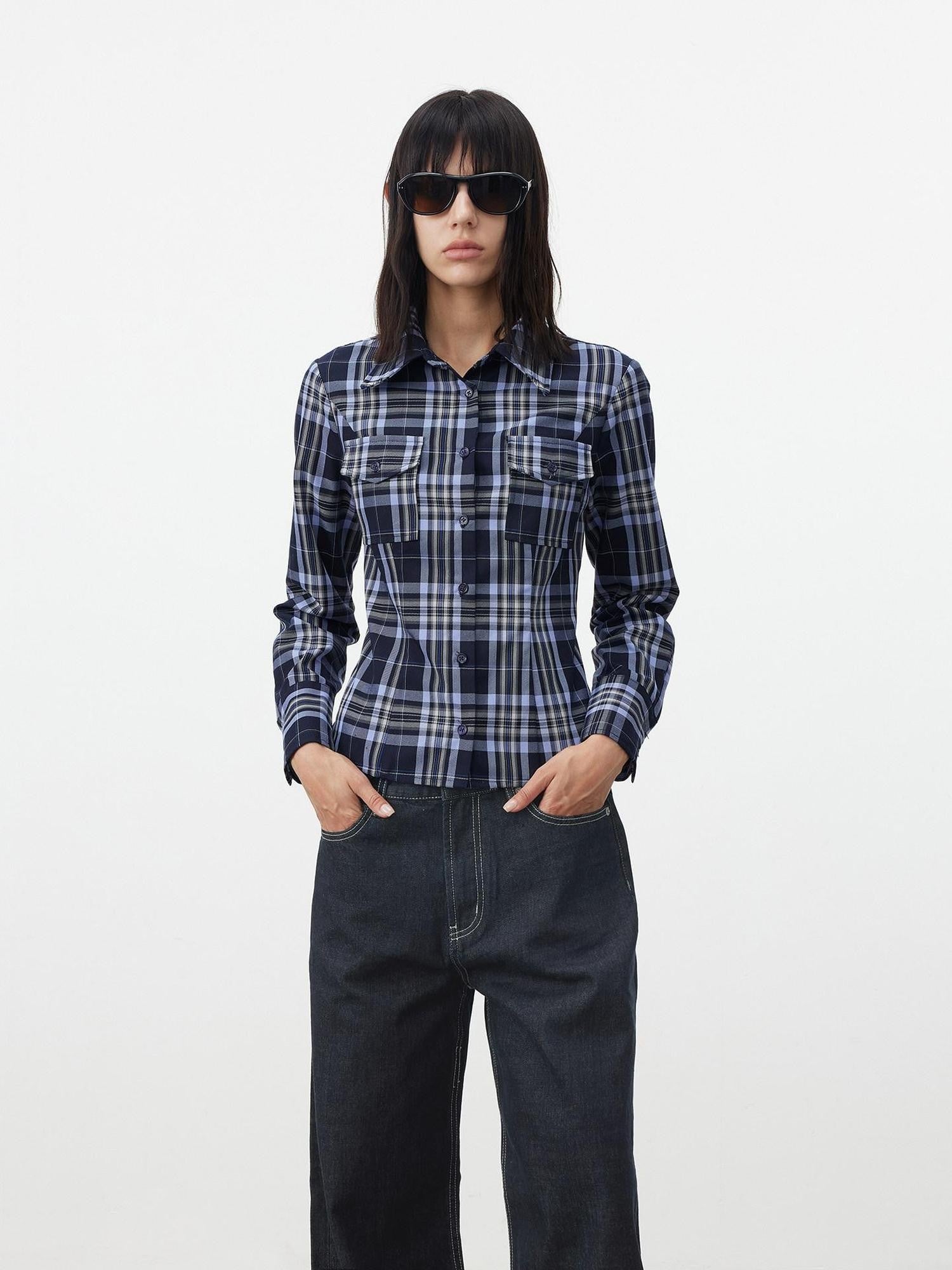 AFTADAWN Blue Contrast Check Shaped Pocket Waist Cinched Women&