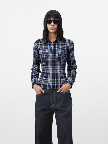 AFTADAWN Blue Contrast Check Shaped Pocket Waist Cinched Women&